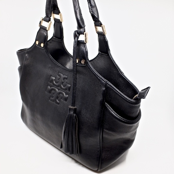 TORY BURCH~thea round tote~TASSELED LARGE HOBO BAG in BLACK PEBBLED LEATHER - Picture 3 of 9